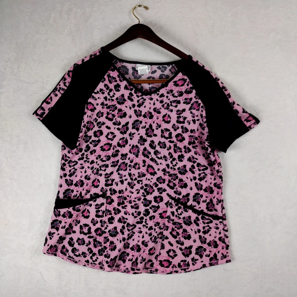 Scrubstar Womens Pink Leopard Print Scrub Top V-Neck Black Raglan Large WM751C19